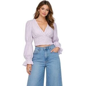 Violet Romance Womens Lilac Gingham Crop Top UK 14 US 10 Puff Sleeve Shirred